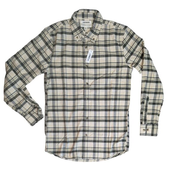Good Threads Mens Beige Plaid Flannel Button Down Shirt - Picture 1 of 4